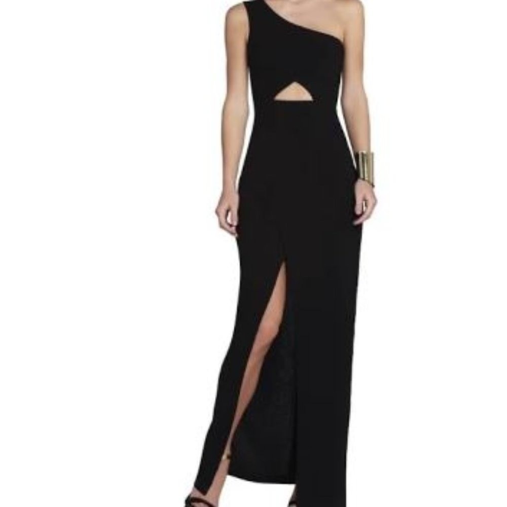 BCBGMAXAZRIA Black One Shoulder Cutout Maxi Dress High Slit‎ Size 2